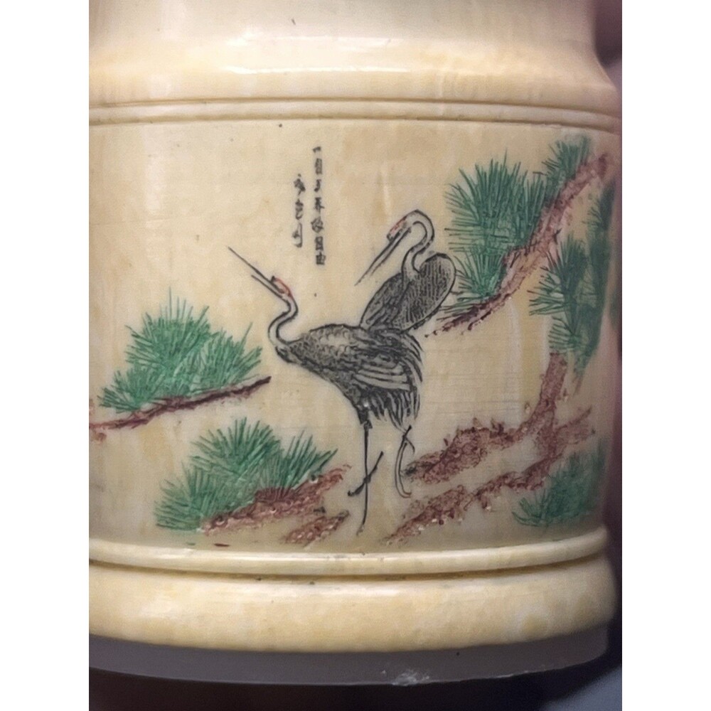 Rare 1930s Celluloid Salt & Pepper Shakers Handpainted Asian Crane Tree Motif - Picture 4 of 12